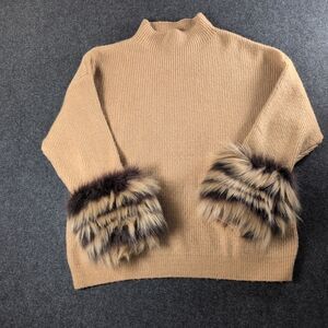 Saks Fifth Avenue Faux Fur Cuff Mock Neck Sweater In Camel Tan